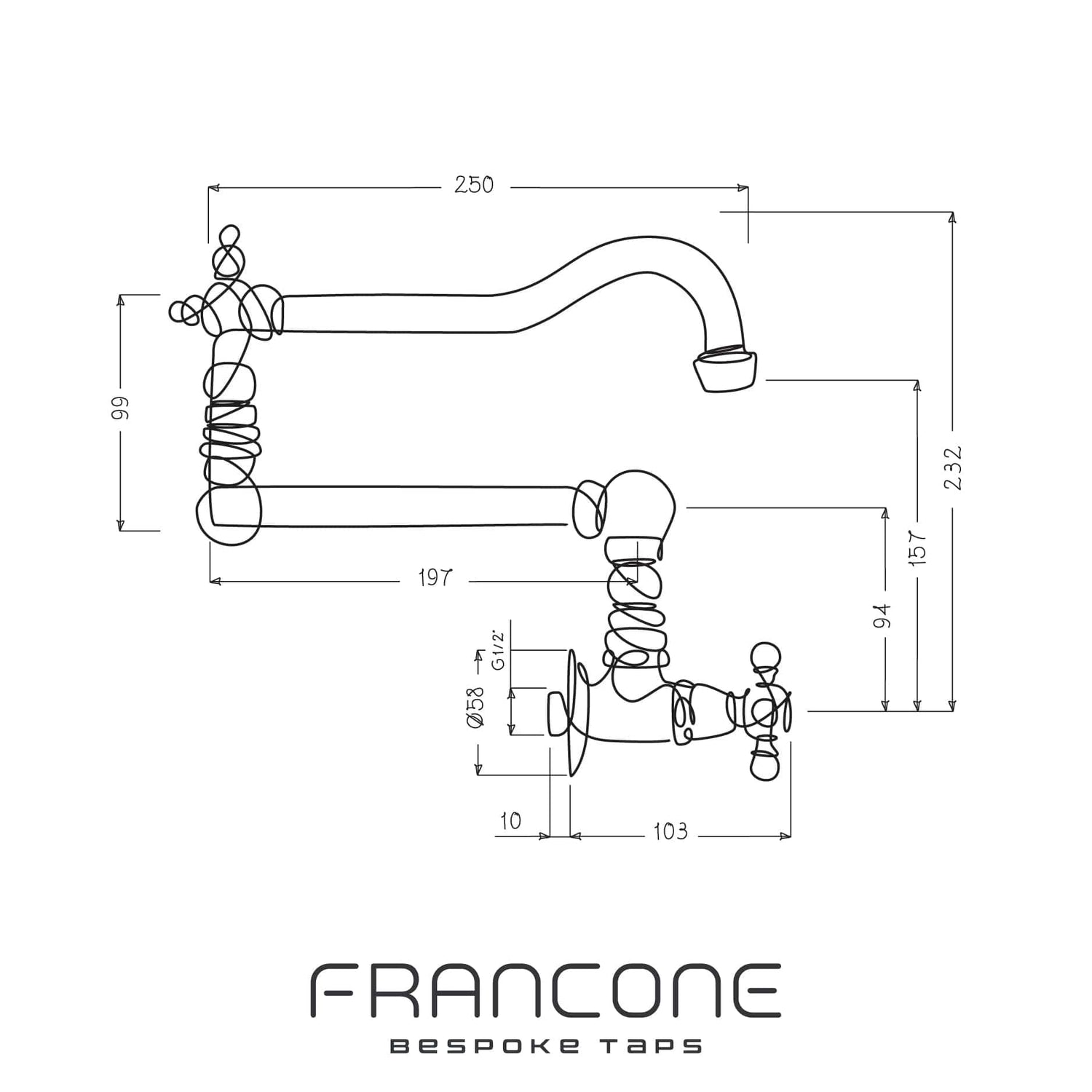 Technical drawing with dimensions for the Francone BT53 traditional wall-mounted kitchen pot filler faucet.