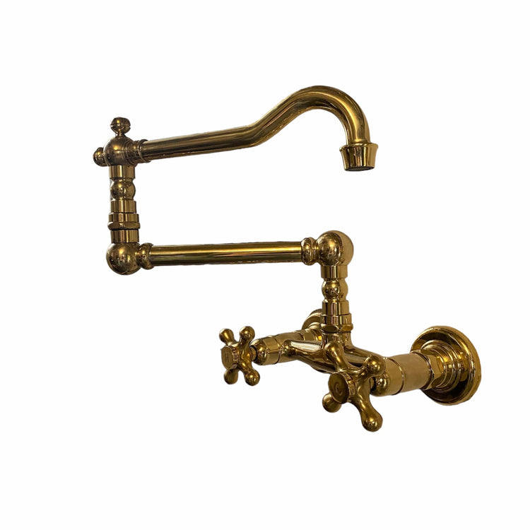 Francone BT54 traditional unlacquered brass kitchen pot filler faucet with double handles.