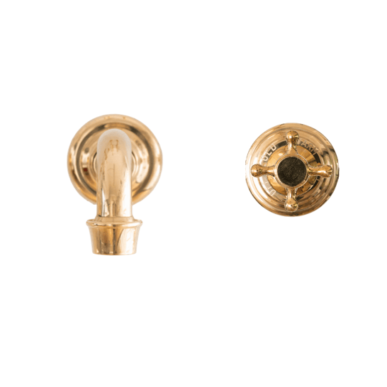 Francone BT56 unlacquered brass wall-mounted faucet and traditional progressive mixer tap handle.