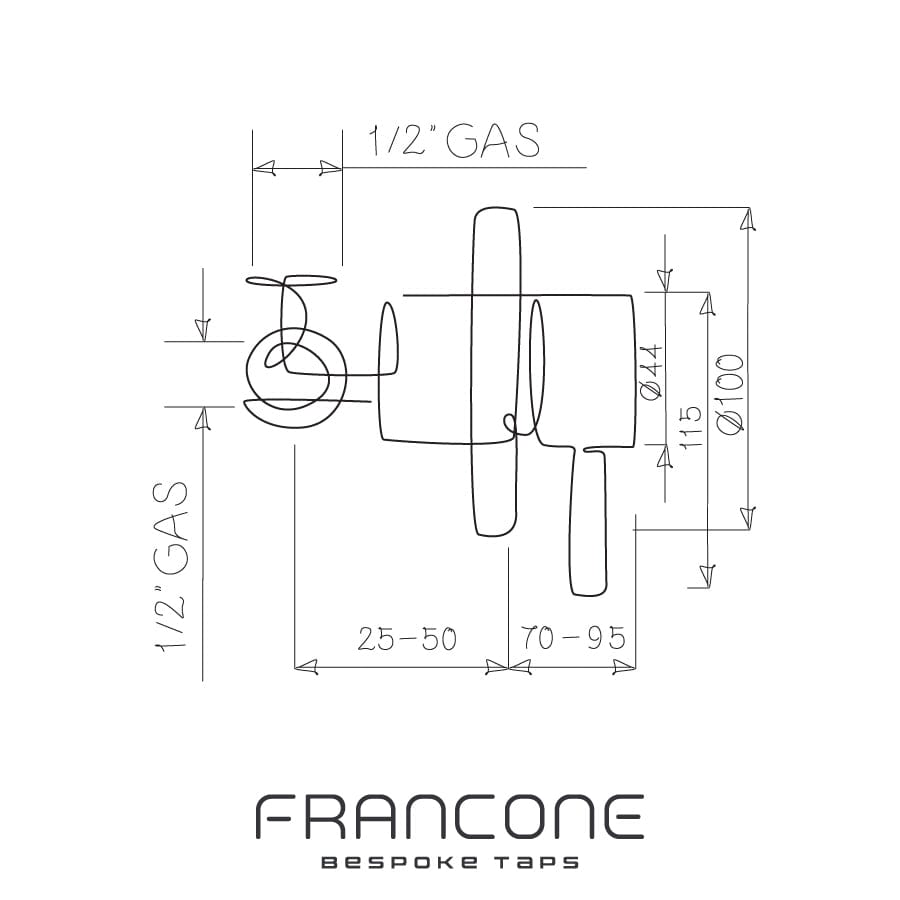 Technical drawing with dimensions for the Francone BT56 wall-mounted progressive mixer bathroom faucet.
