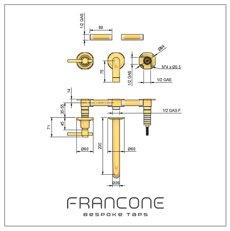 Technical drawing with dimensions for the Francone BT58 wall-mounted solid brass bathroom basin faucet.