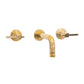 Francone BT58 wall-mounted three-hole basin tap and faucet with handcrafted lever handles in unlacquered brass.