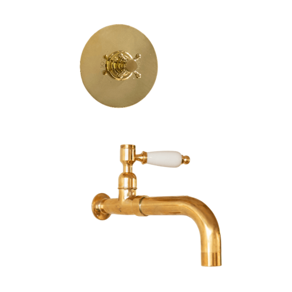 Francone BT59T traditional wall-mounted thermostatic bathroom faucet in unlacquered brass.