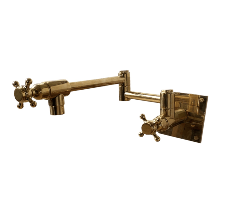 Traditional Francone BT6 unlacquered brass wall-mounted pot filler kitchen faucet with double handles.