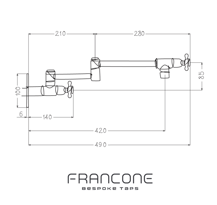 Technical drawing with dimensions for the Francone BT6 wall-mounted solid brass kitchen pot filler faucet.
