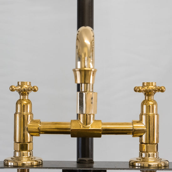 Traditional Francone BT63 deck-mounted faucet in bespoke unlacquered brass, handcrafted in Italy.