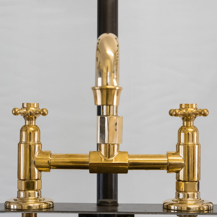 Traditional Francone BT63 deck-mounted faucet in bespoke unlacquered brass, handcrafted in Italy.