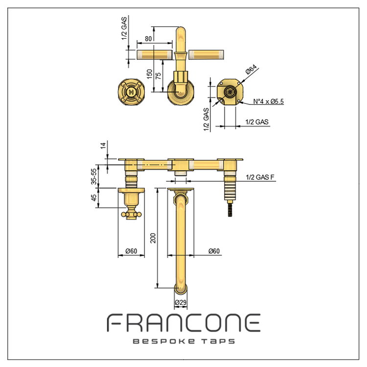 Technical drawing with dimensions for the Francone BT65 wall-mounted traditional solid brass bathroom tap faucet.