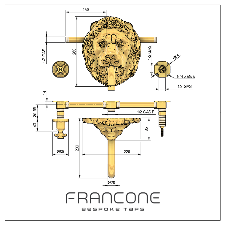 Technical drawing with dimensions for the Francone BT66 traditional solid brass wall-mounted lion head taps.