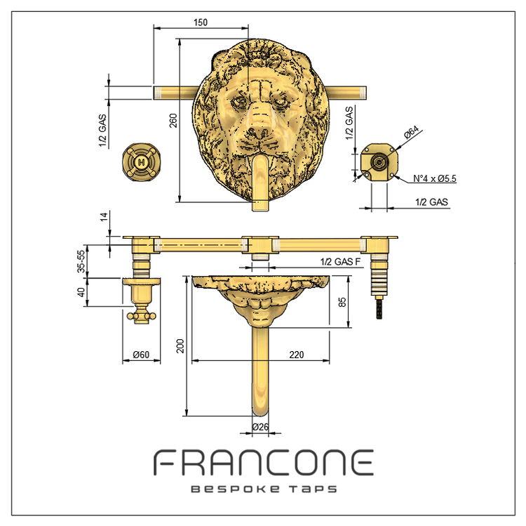 Technical drawing with dimensions for the Francone BT66 traditional solid brass wall-mounted lion head taps.