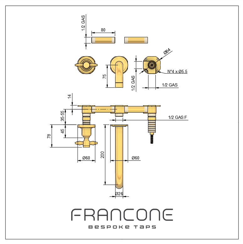 Technical drawing with dimensions for the Francone BT68 traditional brass wall-mounted faucet.