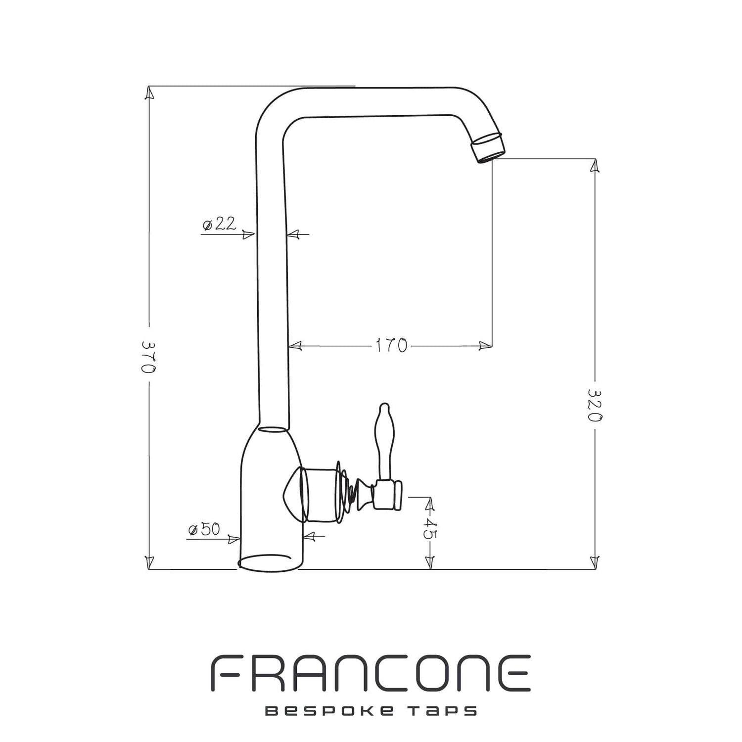 Francone BT69 traditional solid brass kitchen mixer faucet technical drawing with dimensions.