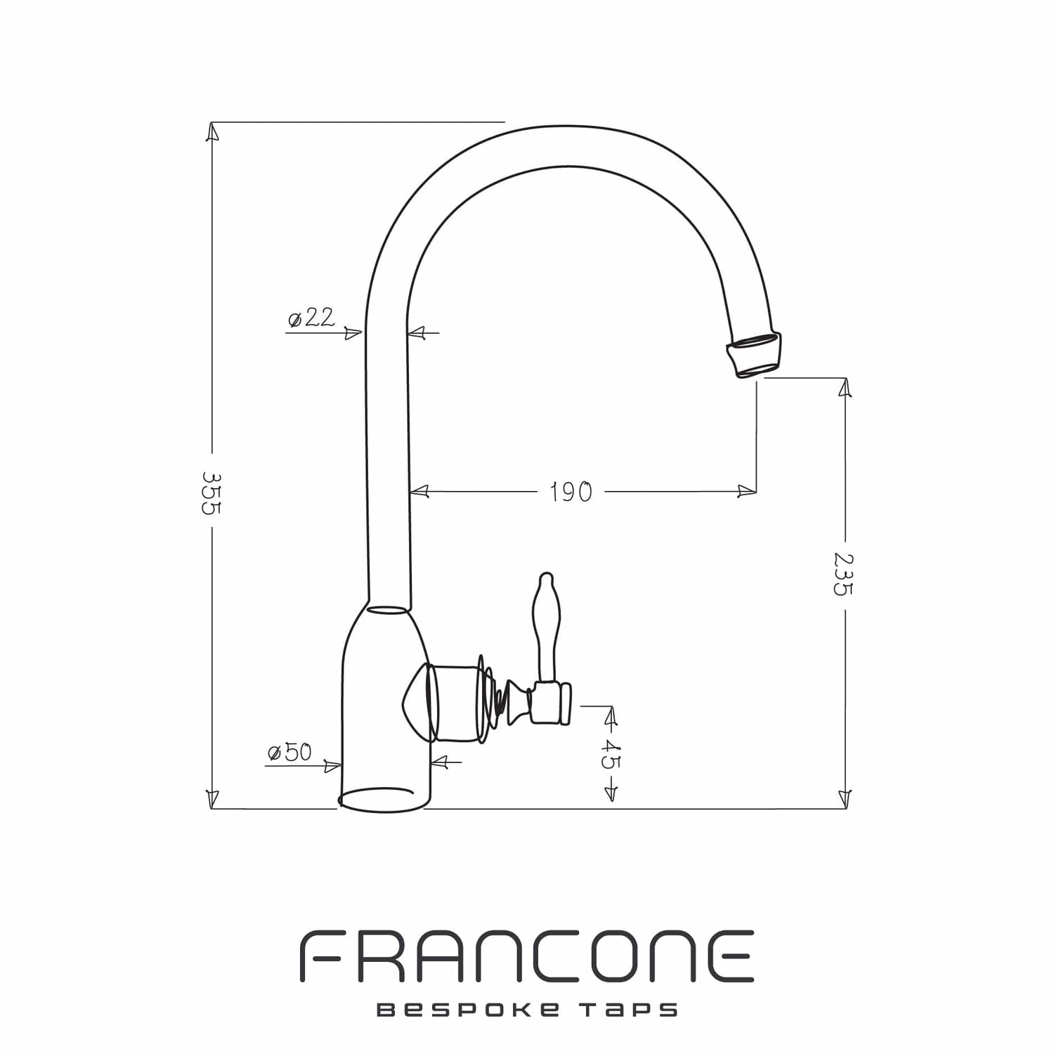 Technical drawing with dimensions for the Francone BT69F traditional solid brass kitchen filtered water faucet.