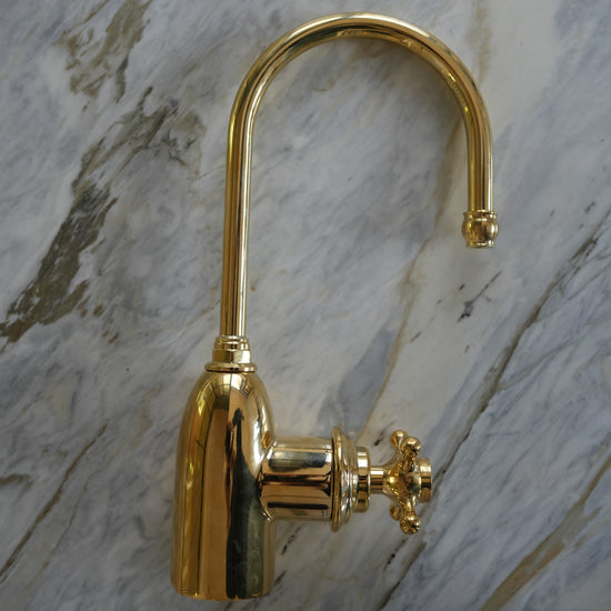 Traditional kitchen filtered water tap, the Francone BT69F faucet in unlacquered brass.