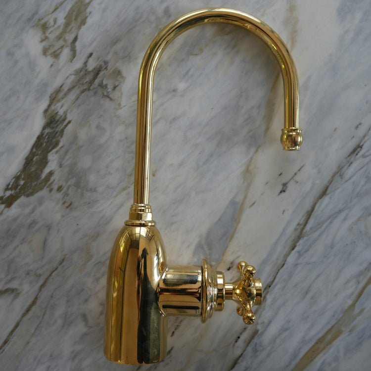 Traditional kitchen filtered water tap, the Francone BT69F faucet in unlacquered brass.