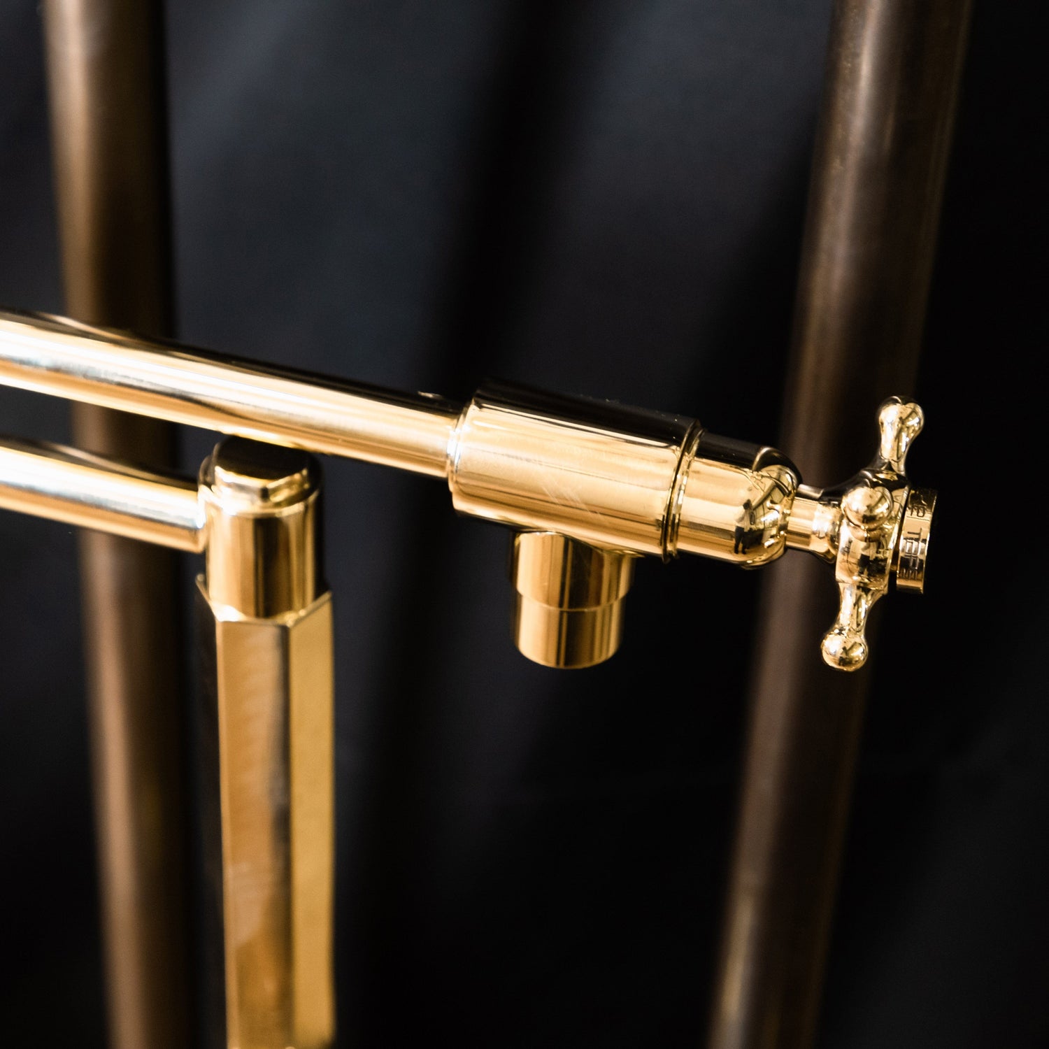 Detail of the traditional Francone BT6D kitchen pot filler faucet in unlacquered brass.