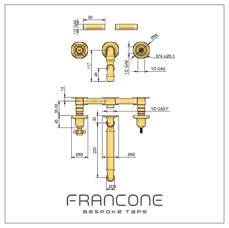 Technical drawing with dimensions for the Francone BT70 traditional wall-mounted solid brass tap.