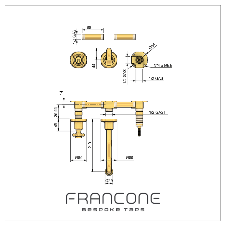 Technical drawing with dimensions for the Francone BT71 wall-mounted classic tap, a double-handle bathroom faucet.