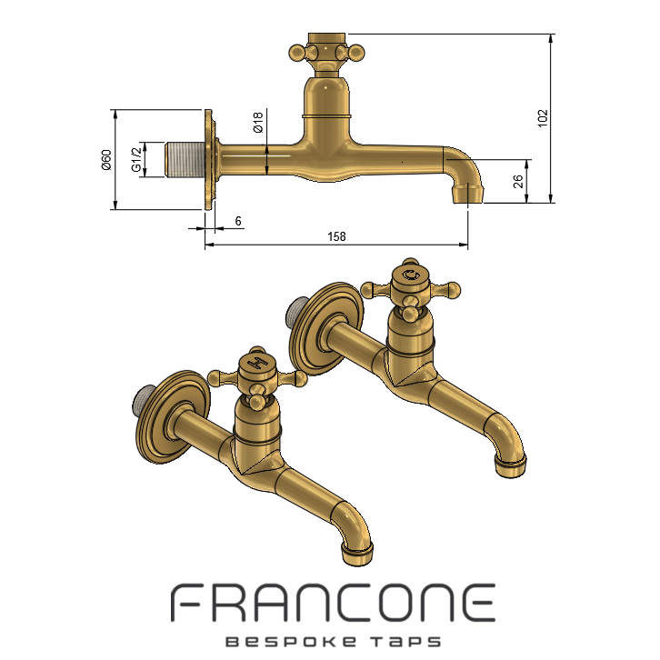 Technical drawing with dimensions and 3D view of Francone BT72 traditional solid brass wall-mounted bathroom faucets.