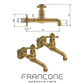 Technical drawing with dimensions and 3D view of Francone BT72 traditional solid brass wall-mounted bathroom faucets.
