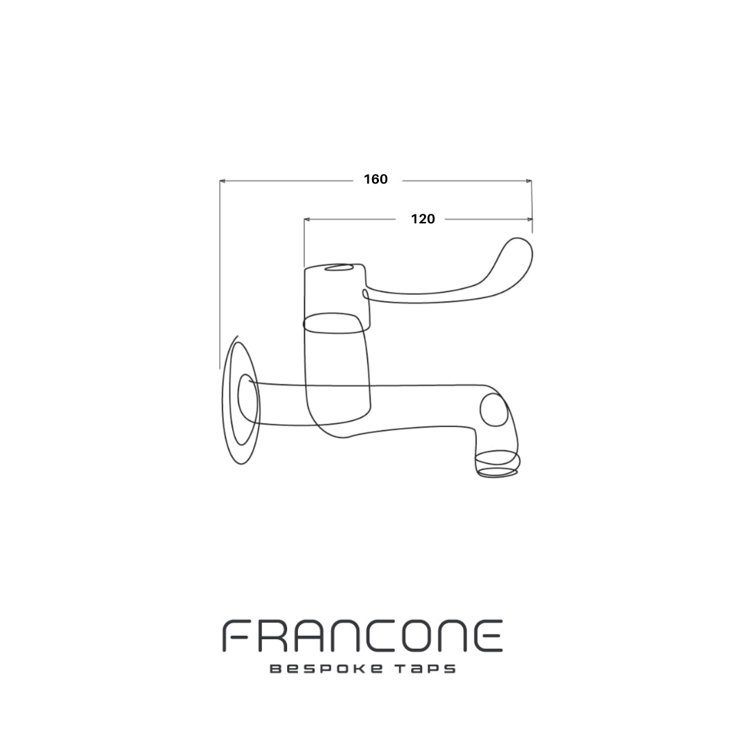 Technical drawing with dimensions for the Francone BT72L wall-mounted bathroom tap with long lever.