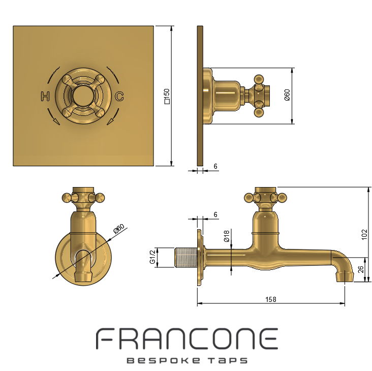 Technical drawing with dimensions for the Francone BT72T wall-mounted solid brass bathroom tap and faucet.