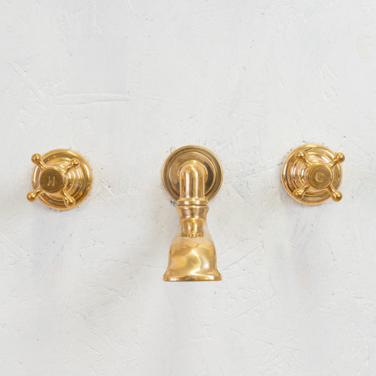 Traditional Francone BT78 unlacquered brass wall-mounted bathroom faucet, hand-polished in Italy.