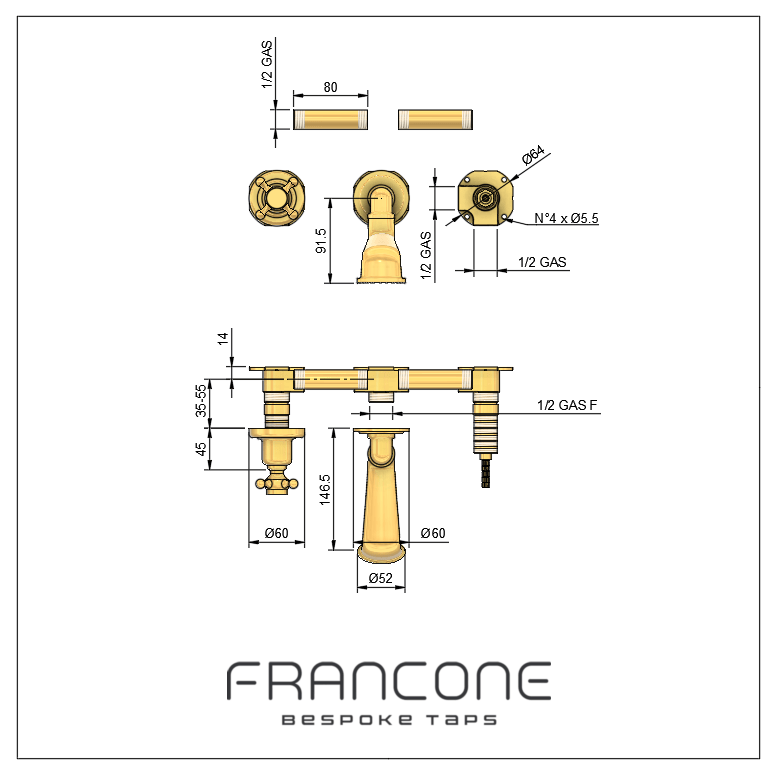 Technical drawing with dimensions for the Francone BT78 wall mounted solid brass bathroom faucet.