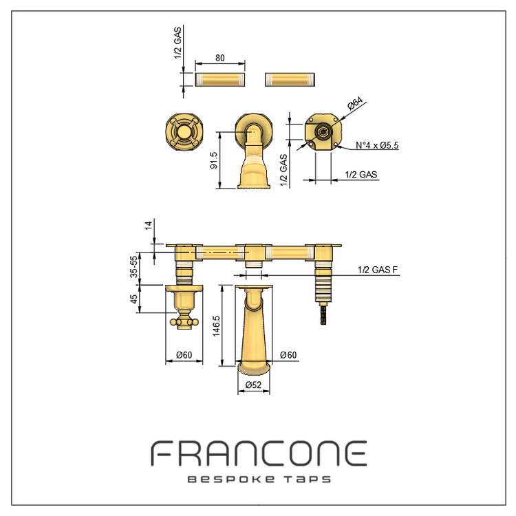 Technical drawing with dimensions for the Francone BT78 wall mounted solid brass bathroom faucet.