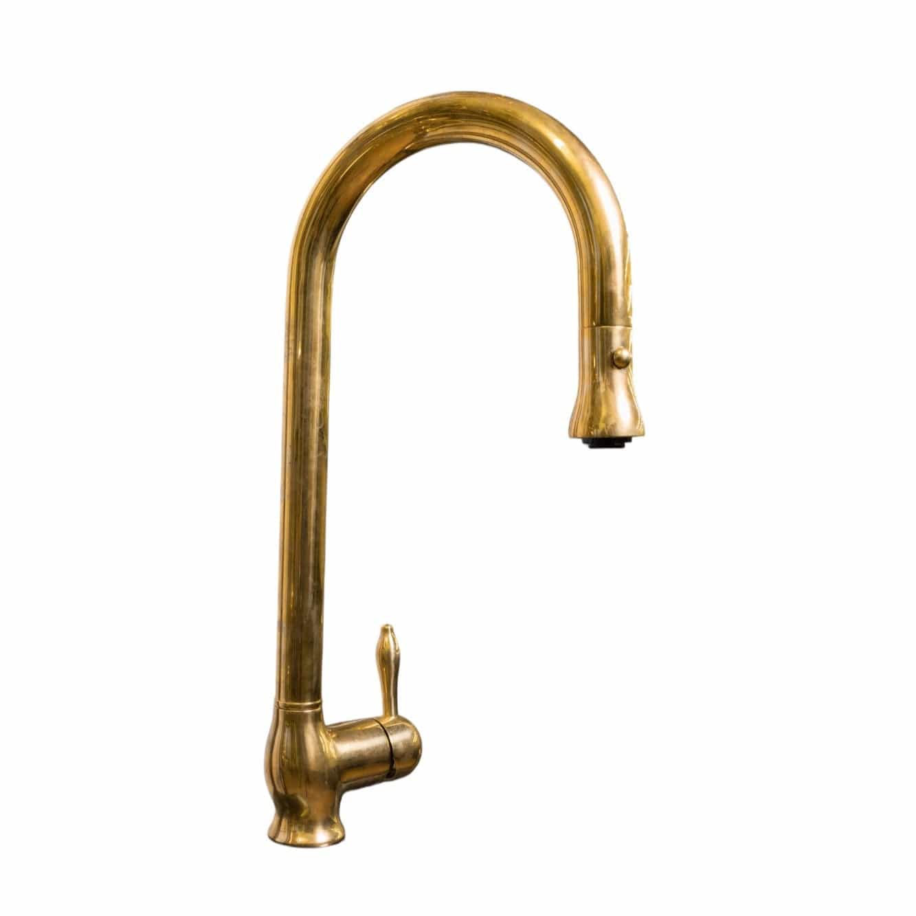 The Francone BT79 classic kitchen tap is a solid brass faucet featuring an unlacquered brass finish and pull-out spray.