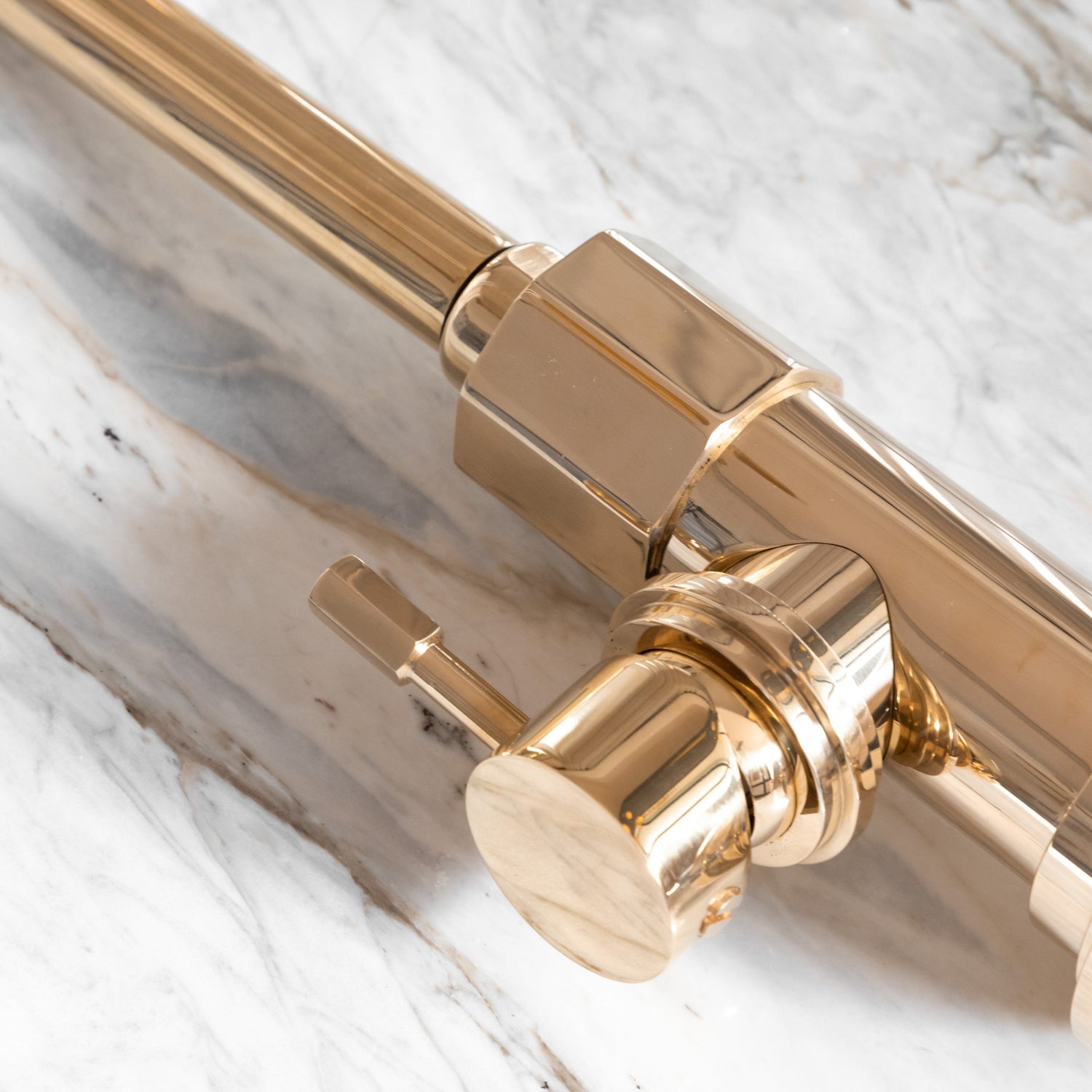 A close-up detail of the Francone BT7CW wall-mounted solid brass kitchen mixer tap and faucet.