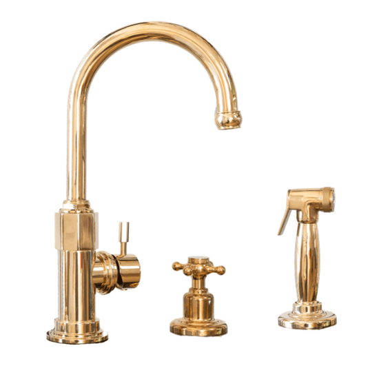 Francone BT7CY kitchen mixer faucet in unlacquered brass, featuring a traditional curved spout and pull-out spray.