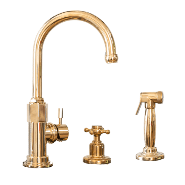 Francone BT7CY kitchen mixer faucet in unlacquered brass, featuring a traditional curved spout and pull-out spray.