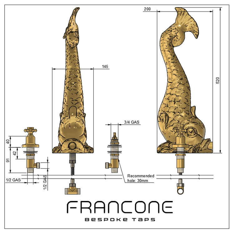 Technical drawing with dimensions for the Francone BT81 traditional solid brass deck-mounted fish tap, also a faucet.