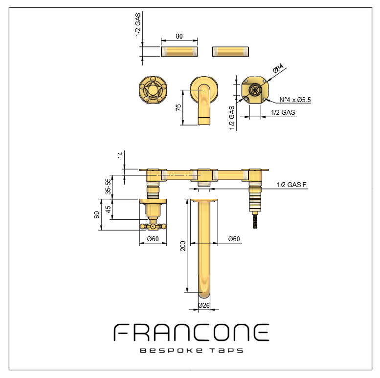 Technical drawing with dimensions of the Francone BT82 solid brass wall mounted basin faucet.