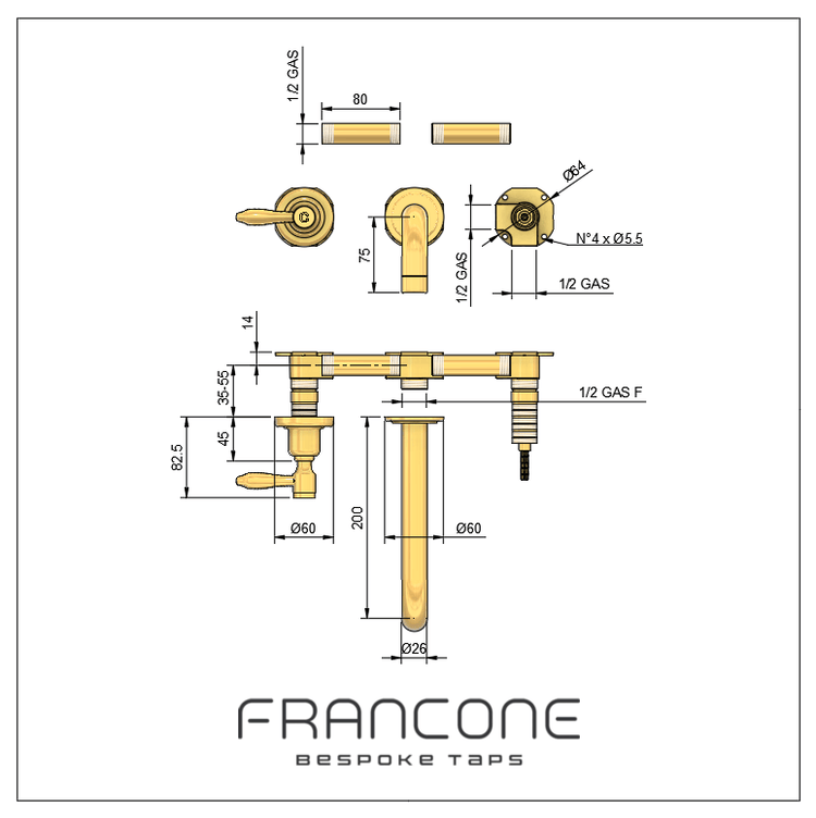 Technical drawing with dimensions for the Francone BT84 traditional three-hole wall-mounted basin tap.