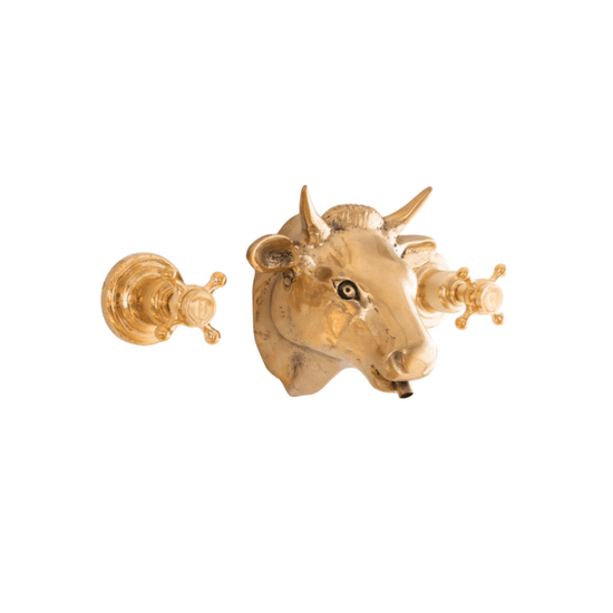 Traditional Francone BT85 wall-mounted unlacquered brass faucet featuring a handcrafted decorative bull head spout.