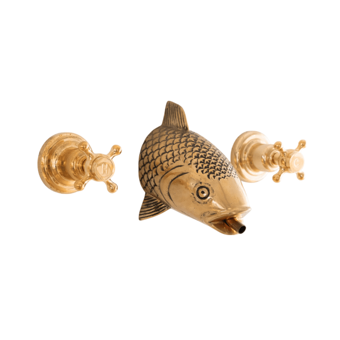 Traditional unlacquered brass wall-mounted bathroom faucet, the Francone BT86 tap with a decorative fish head spout.