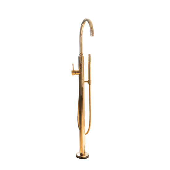 The Francone BT87 floor-mounted bath mixer tap and hand shower faucet in unlacquered brass.