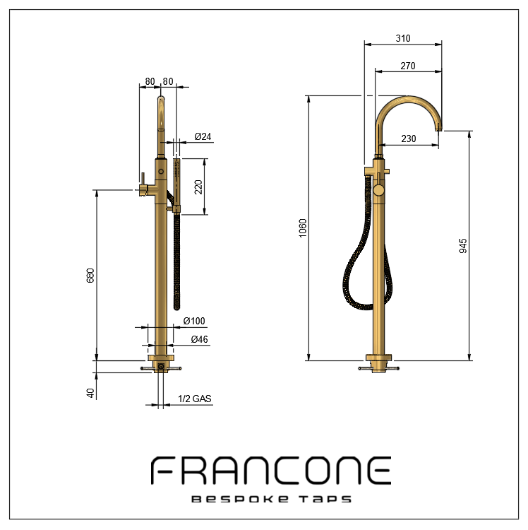 Technical drawing with dimensions for the Francone BT87 solid brass floor-mounted bath tap.