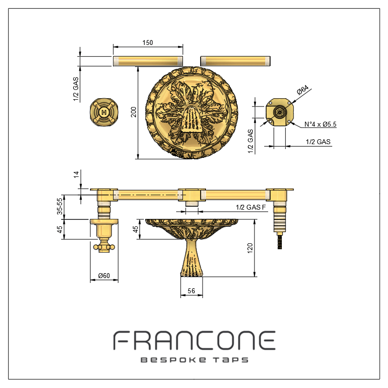 Technical drawing with dimensions for the Francone BT88 solid brass wall-mounted tap, also a bathroom faucet.