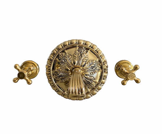 Francone BT88 traditional unlacquered brass wall-mounted bathroom faucet with an ornamental decorative plate.