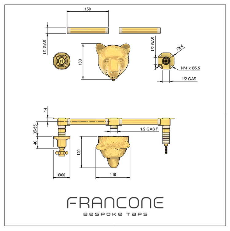 Technical drawing with dimensions for the Francone BT90 bear-head wall-mounted bathroom faucet in solid brass.