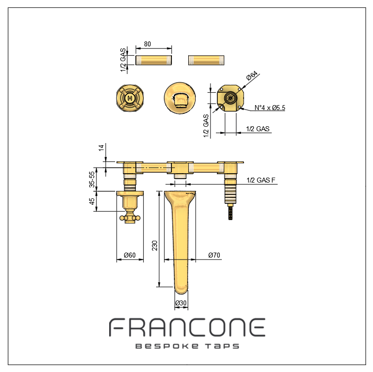 Technical drawing with dimensions for the Francone BT91 wall-mounted brass bathroom tap, also a faucet.