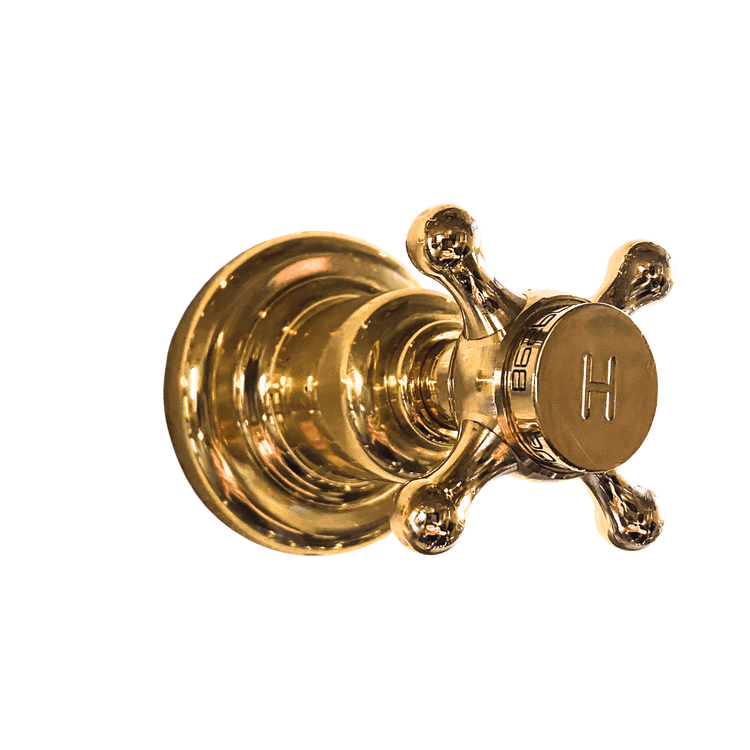 A traditional unlacquered brass hot water tap handle detail from the Francone BT92 wall mounted bath faucet.