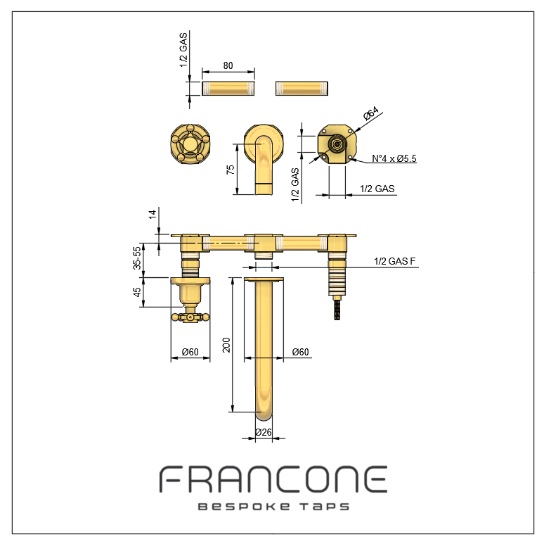 Technical drawing with dimensions for the Francone BT92 wall-mounted brass bath filler faucet.