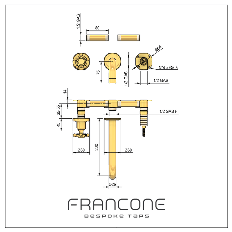 Technical drawing with dimensions for the Francone BT92 wall-mounted brass bath filler faucet.