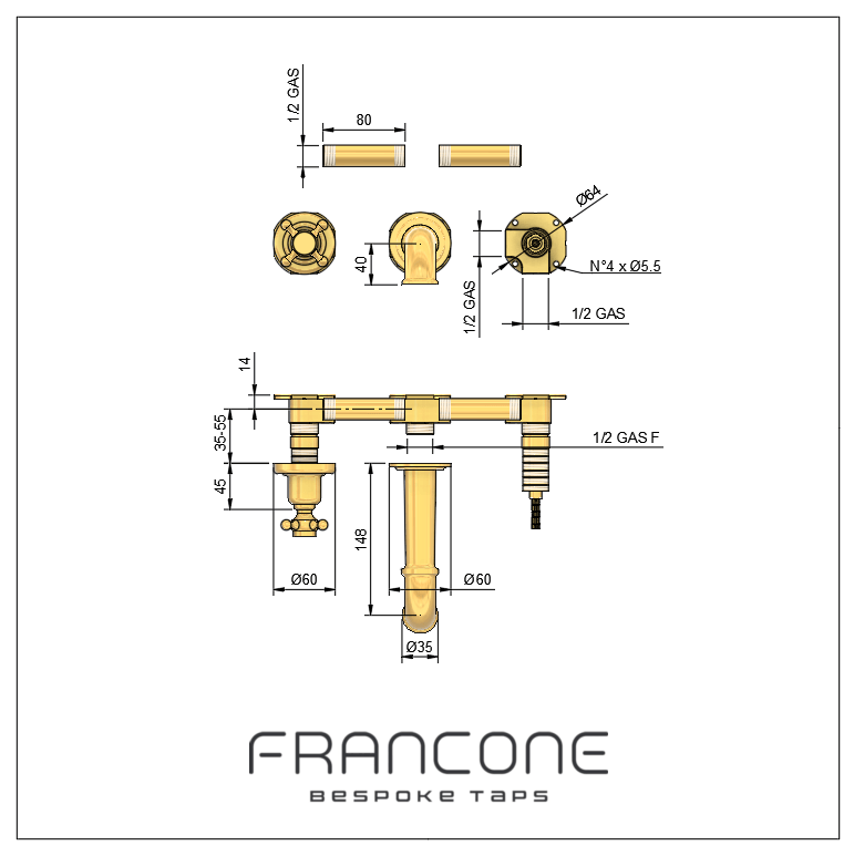 Technical drawing with dimensions for the Francone BT93 traditional wall-mounted brass basin tap faucet.