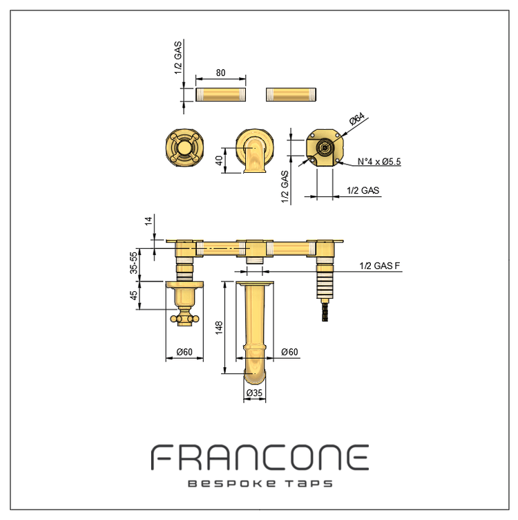 Technical drawing with dimensions for the Francone BT93 traditional wall-mounted brass basin tap faucet.