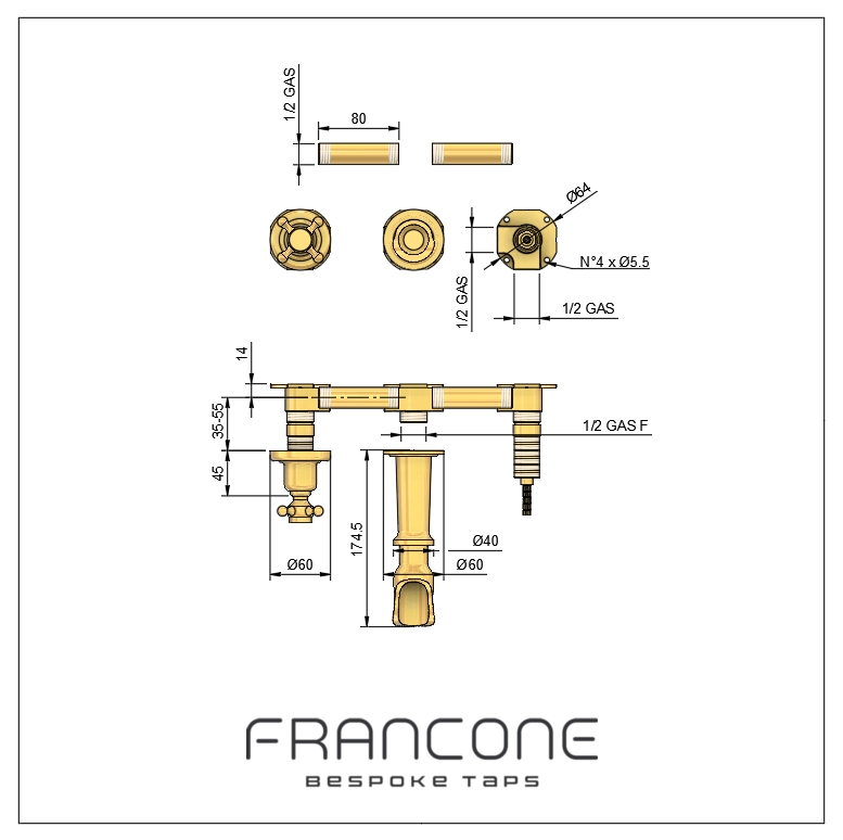 Technical drawing with dimensions for the Francone BT94 Heritage wall-mounted waterfall bath filler in solid brass.